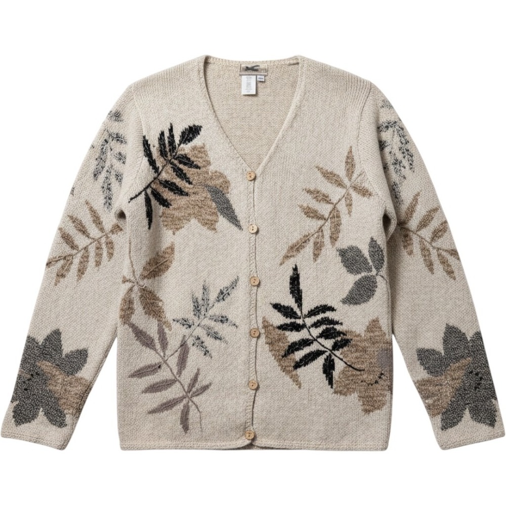 Coldwater Creek Cardigan XS Beige Linen Silk Blend Leaf Print Nature Gorpcore